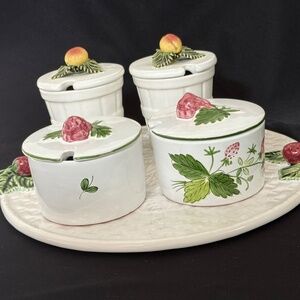 Studio Nova Majolica Conditment Server  4 Dishes w Fruit Lids & Matching Platter